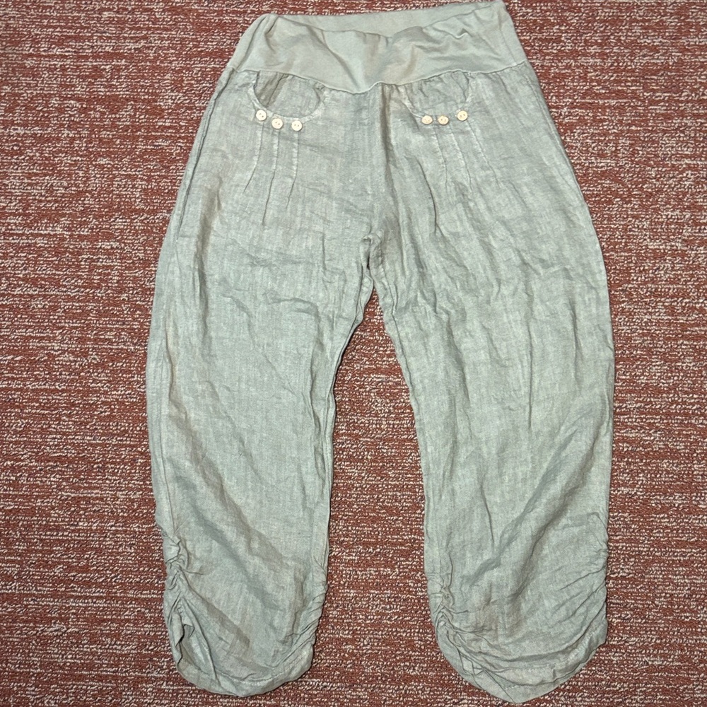 100% Linen sage green billow pant effortless resort wear cropped harem pant